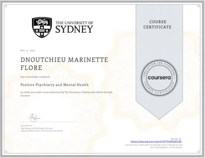 Certificat « Positive Psychiatry and Mental Health » de l’Université de Sydney